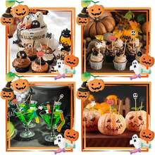 5/10/30/50/100/200pcs Halloween Bamboo Cake Toppers, Ghost Pumpkin Bat Skull Spider Shaped Cake Picks, Party Dessert Table Decoration - Multicolor - View 6