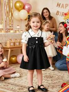 1pc Baby Girl Bow Decor White Collar Blouse Patchwork Black Dress, Elegant Lady Style - Black and White - View 1