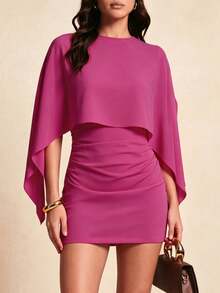 2-In-1 Solid Color Mini Dress With Batwing Sleeves And Splicing, Lightweight, For Date Nights, Vacations, Birthday Parties And Everyday Wear - Red - View 9