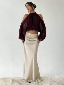 Blusa de satén de manga larga para mujer, color blanco lechoso y champán sólido, diseño de manga abullonada, elegante y sexy para fiestas, oto - Blanco - Ver 10