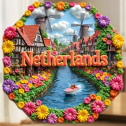 Netherlands Windmill Canals Tulip Wreath And Boating Breeze Magnet Where The Mill Sails Catch The Flower-Scented Wind Keepsake For All Metal Surfaces Throughout The Home