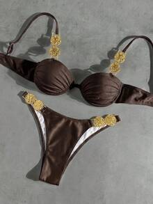 Bikinx 女款純色金色裝飾肩帶比基尼套裝，鋼圈式設計搭配後背繫帶，適合海灘度假夏季 - 棕色 - 查看 6