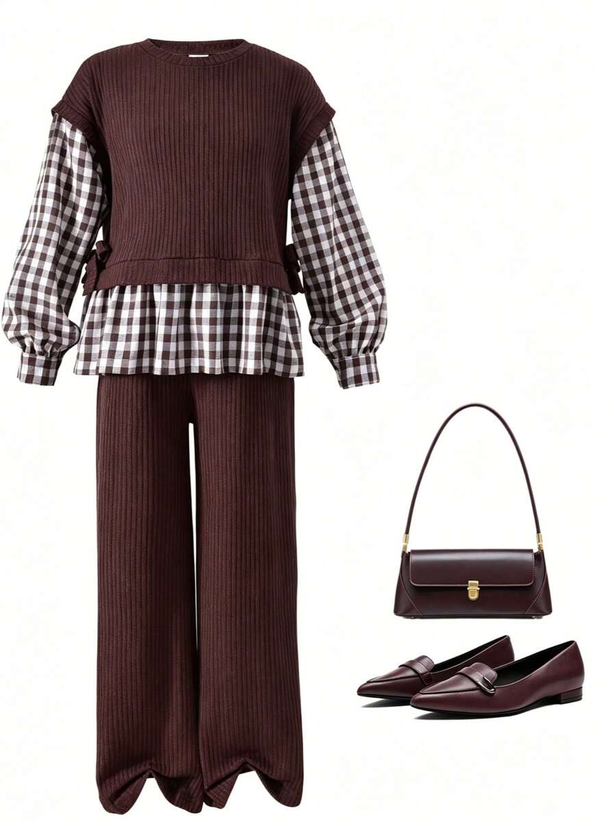 Vihyde Two Pieces Outfit For Tween Girls: Plaid Spliced 2 In 1 Top With Side Bow Decor + Wide-Leg Pants, Daily School Wear - Coffee Brown - View 1