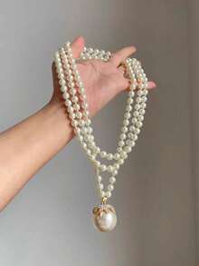 1pc Elegant Rhinestone Decorated Faux Pearl Long Necklace, Suitable For Women's Daily And Party Wear, Ideal Gift For Friends - Multicolor - View 1