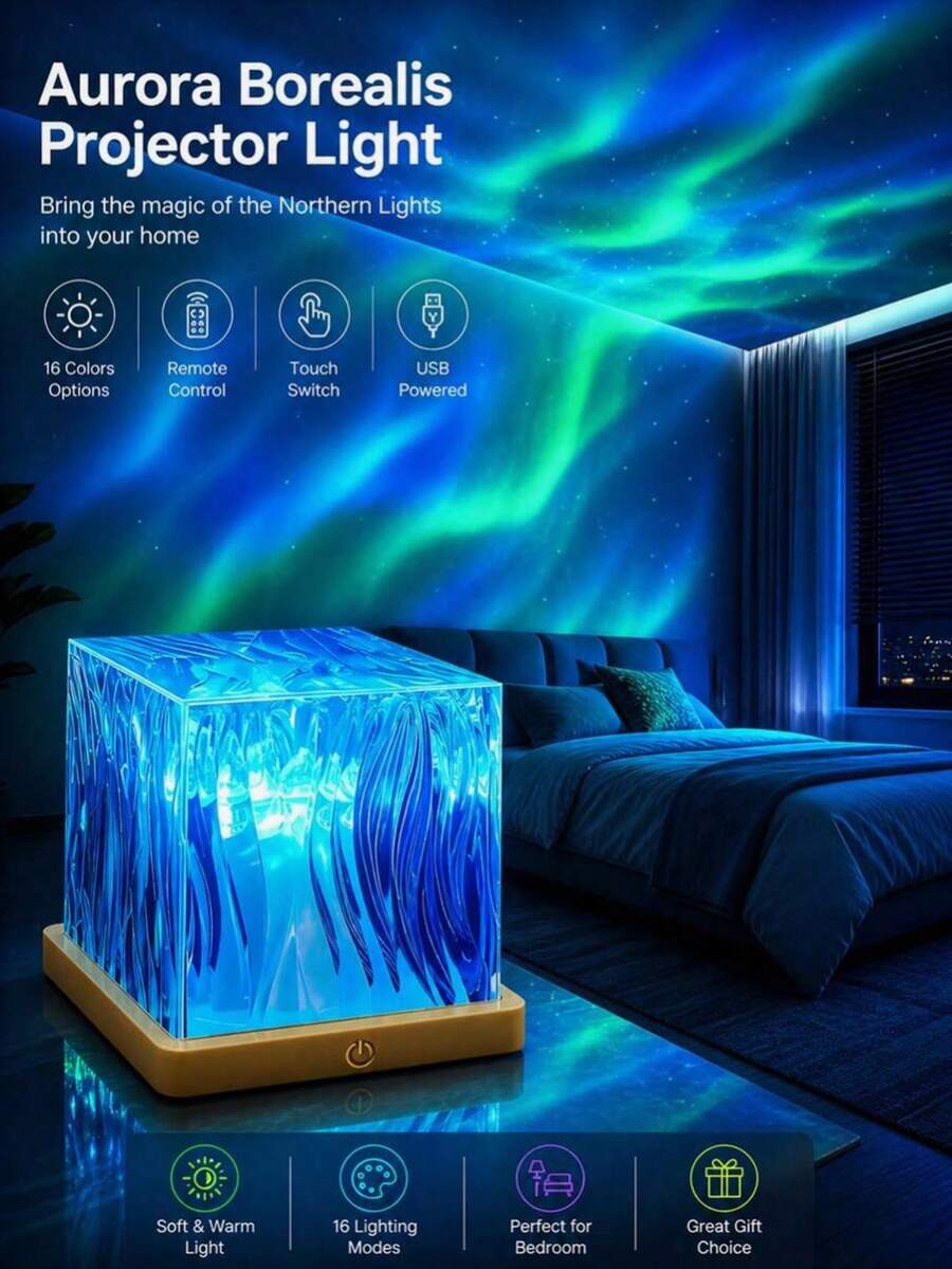 1pc Square Aurora Projector Light, Remote Control RGB LED Atmosphere Lamp, Suitable For Bedroom Living Room Decoration, Home Theater And Atmosphere Room Creation, Party And Gaming Room Atmosphere, Color Changing Atmosphere Light, Home Party, Essential For Couples Room