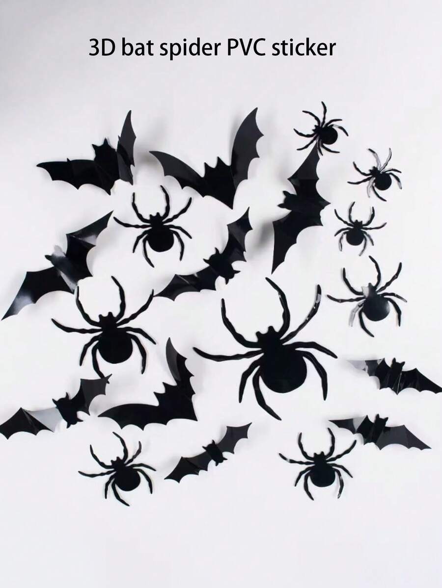 Halloween Bat & Spider 3D Stickers, Black Bat & Spider Holiday Decorations For Venue Decor, Large & Small Sizes - View 1