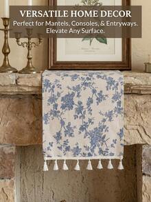 1pc Blue Rose Flower Print Table Runner, French Luxury Retro Style With Tassel, Rectangular Tablecloth For Holiday Party, Birthday, Wedding, Dining Table, Coffee Table, Home Decor, Suitable For All Seasons - Blue and White - View 2