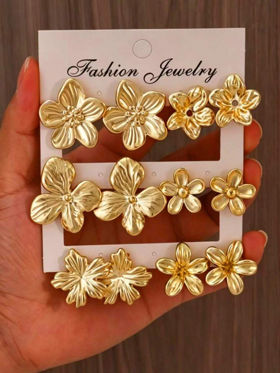 1/6 Pairs Women's Fashion Gold Flower Design Vintage Premium Stud Earrings Set, Suitable For Daily Wear, Travel, Vacation, Best Gift For Family And Friends - Gold - View 1