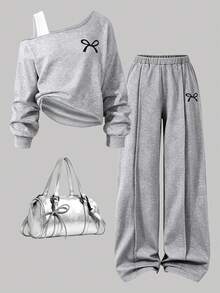 Tween Girl Bow Print Open Shoulder Asymmetric Hem Casual Sweatshirt, Autumn/Winter - Grey - View 1