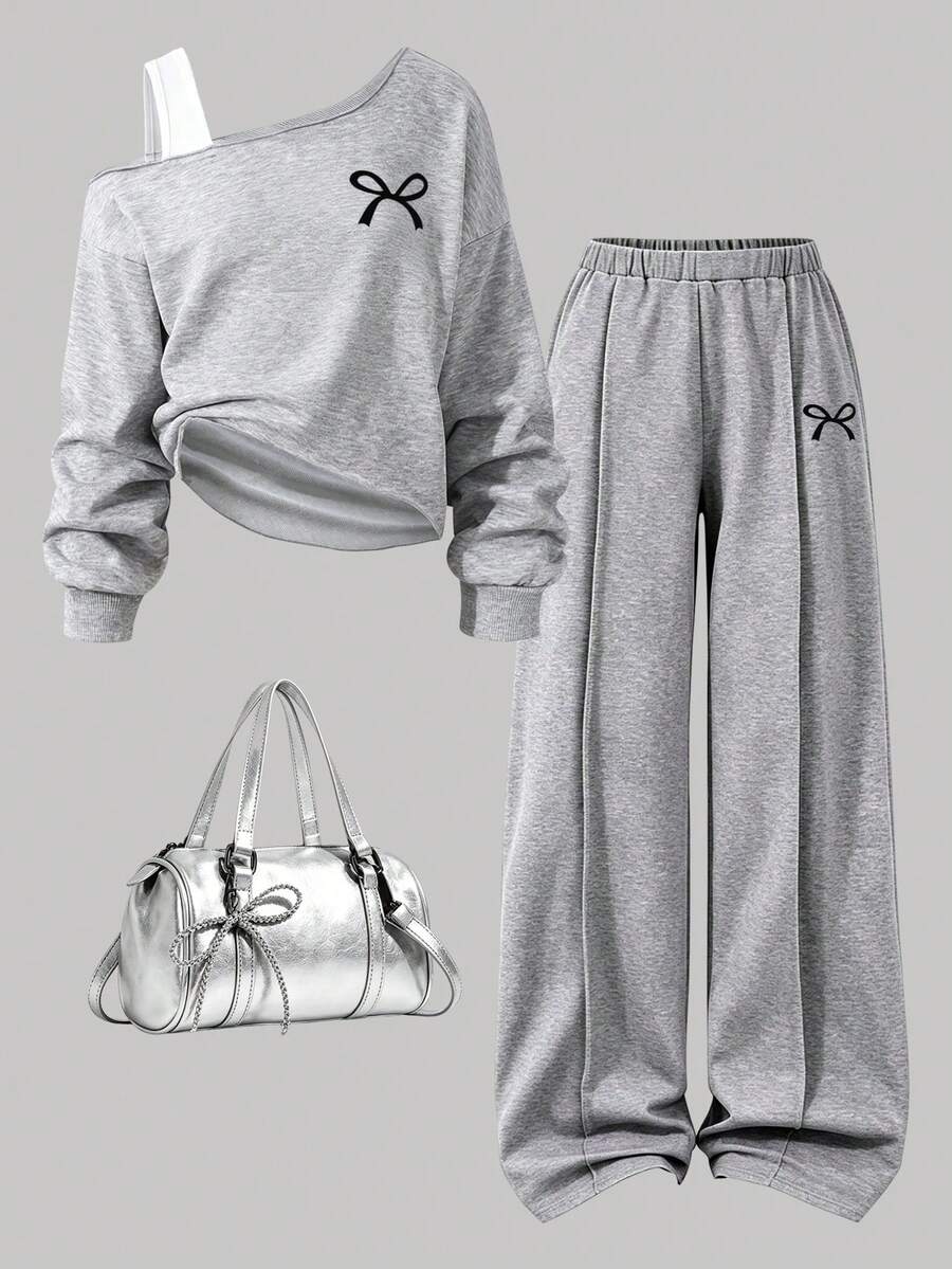 Tween Girl Bow Print Open Shoulder Asymmetric Hem Casual Sweatshirt, Autumn/Winter - Grey - View 1