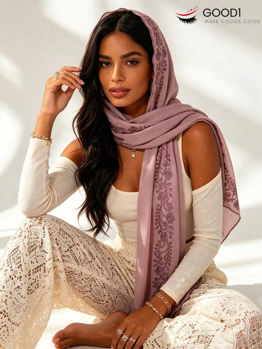 1pc Embroidered Floral Pattern Lightweight Scarf, Solid Color Basic Elegant Long Scarf, Suitable For All Seasons - Pink - View 1