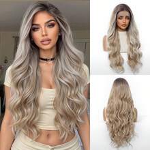 Ombre Grey Brown Wavy 13*4 Lace Front Wig, Pre-Plucked Natural Hairline With Baby Hair, Heat-Resistant Synthetic Fiber Glueless Natural Look Long Curly Wig 26 Inch - Brown Ombre - View 15