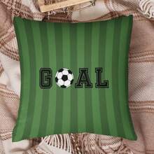 1個足球主題抱枕套 - 綠白條紋設計附「GOAL」文字，雙面枕套，100%聚酯纖維，拉鍊式正方形靠墊套，適用於沙發與房間裝飾，足球房裝飾，足球愛好者裝飾抱枕套（不含枕芯） - 彩色 - 查看 7