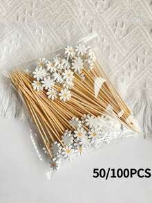 50/100pcs White Daisy Decorative Picks, Suitable For Fruit, Dessert, Snack And Cocktail Decoration, Perfect For Home Daily (Sanitary Tableware) And Party (Dessert Table, Cocktail Party) - Multicolor - View 1