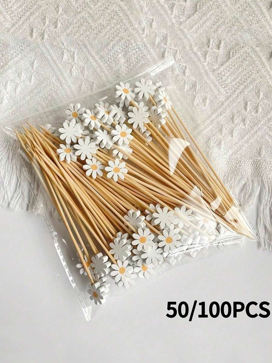 50/100pcs White Daisy Decorative Picks, Suitable For Fruit, Dessert, Snack And Cocktail Decoration, Perfect For Home Daily (Sanitary Tableware) And Party (Dessert Table, Cocktail Party) - Multicolor - View 1