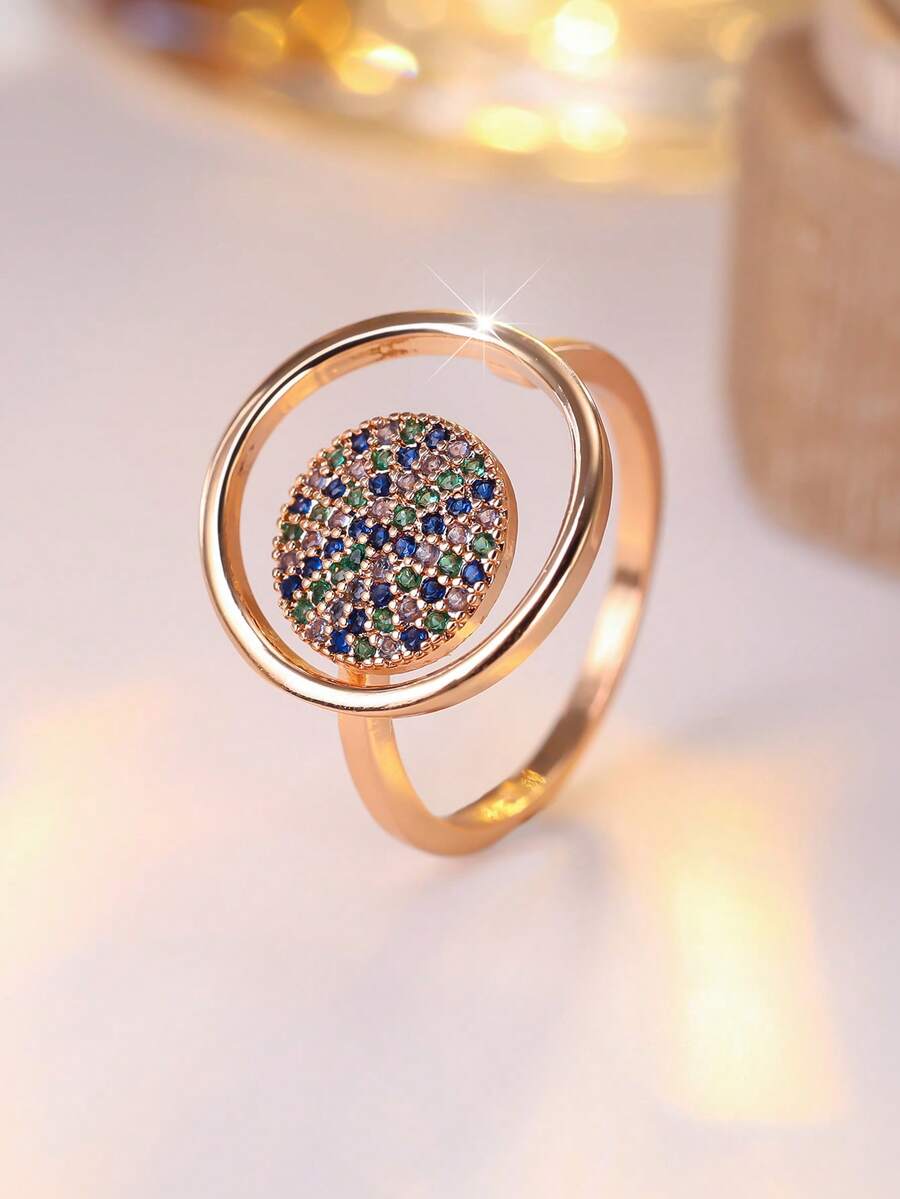 Vanel 1 buah Cincin Modern Bertabur Emas Bentuk Cakram Bulat, Perhiasan Minimalis Terbuka Bentuk Lingkaran yang Elegan untuk Sehari-hari, Cocok untuk Kantor dan Acara Malam (Warna Zirkonia Sintetis Acak) - Kuning keemasan-beraneka warna - View 1