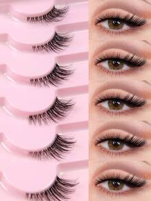 7 Pairs Cat Eye Fluffy Half Eye False Eyelashes Beginner Friendly Natural Look Transparent Band Half-Eye Lashes False Eyelashes Makeup Tool - 黑色 - 查看 1