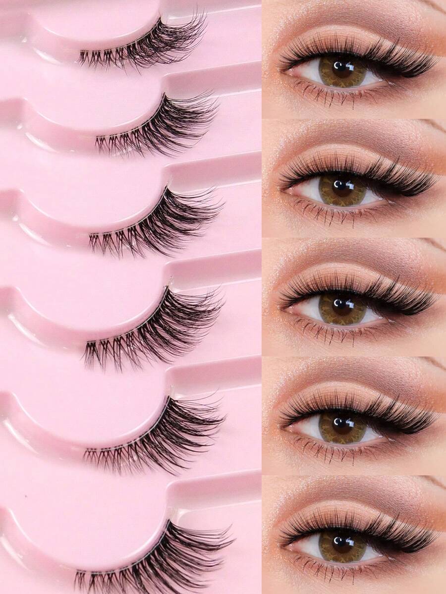 7 Pairs Cat Eye Fluffy Half Eye False Eyelashes Beginner Friendly Natural Look Transparent Band Half-Eye Lashes False Eyelashes Makeup Tool - 黑色 - 查看 1
