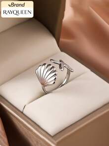 RAYQUEEN 1 pieza Anillo de acero inoxidable con estrella de mar y concha para mujer, anillo de banda abierta elegante, versátil, dulce y fresco, adecuado para uso diario - anillo - Ver 5