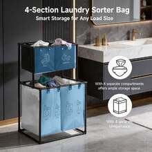 Modern Minimalist Metal Heavy Duty 4 Bag 2-Tier Laundry Basket,With Socks Underwear Sorting Labels, Large Dirty Clothes Storage Bin Organizer,For Dorm Room Essentials College,Laundry Room Accescories,Cruise Essential,Beach Laundry Room Accescories. - 黑與白 - 查看 9