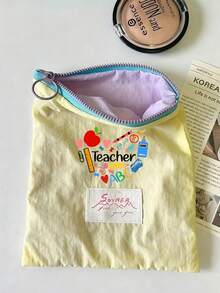 Teacher Appreciation Gift, Large Capacity Portable Makeup Bag, Printed With "Teacher" Text, Makeup Bag, Lining, Perfect For Educators And School Staff, Teacher Thank You Gift, Fashionable Casual Accessory For Travel, Vacation, Daily Commute, Teacher's Day, Portable Storage Bag, Makeup Organizer Bag, Coin Purse, Back To School, Commute, Home Essential. - Multicolor - View 7