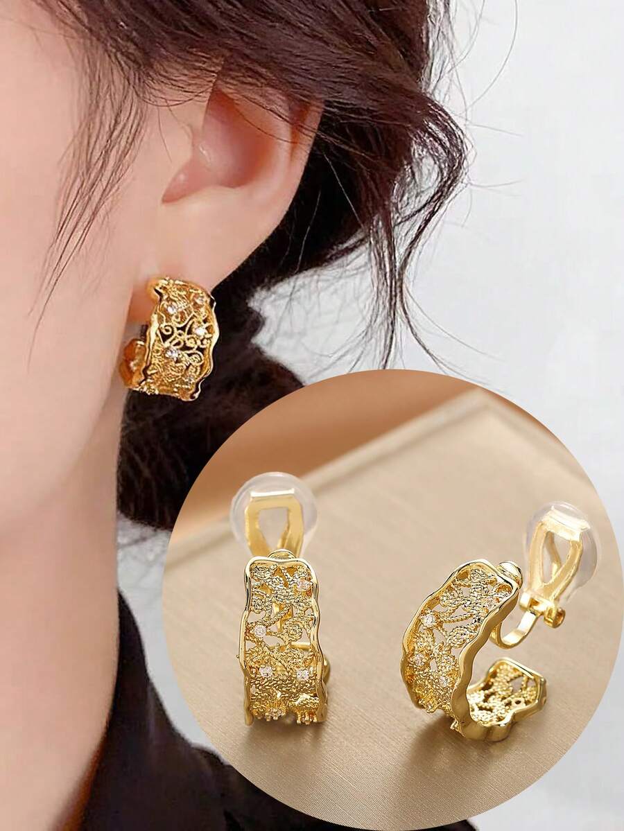 1 Pair Fashionable New Zirconia C-Shaped Mesh Copper Earrings For Women, No Piercing Ear Clips, Elegant Elegant Jewelry, Suitable For Daily Wear And Holiday Gifts - Ear Clip - View 1