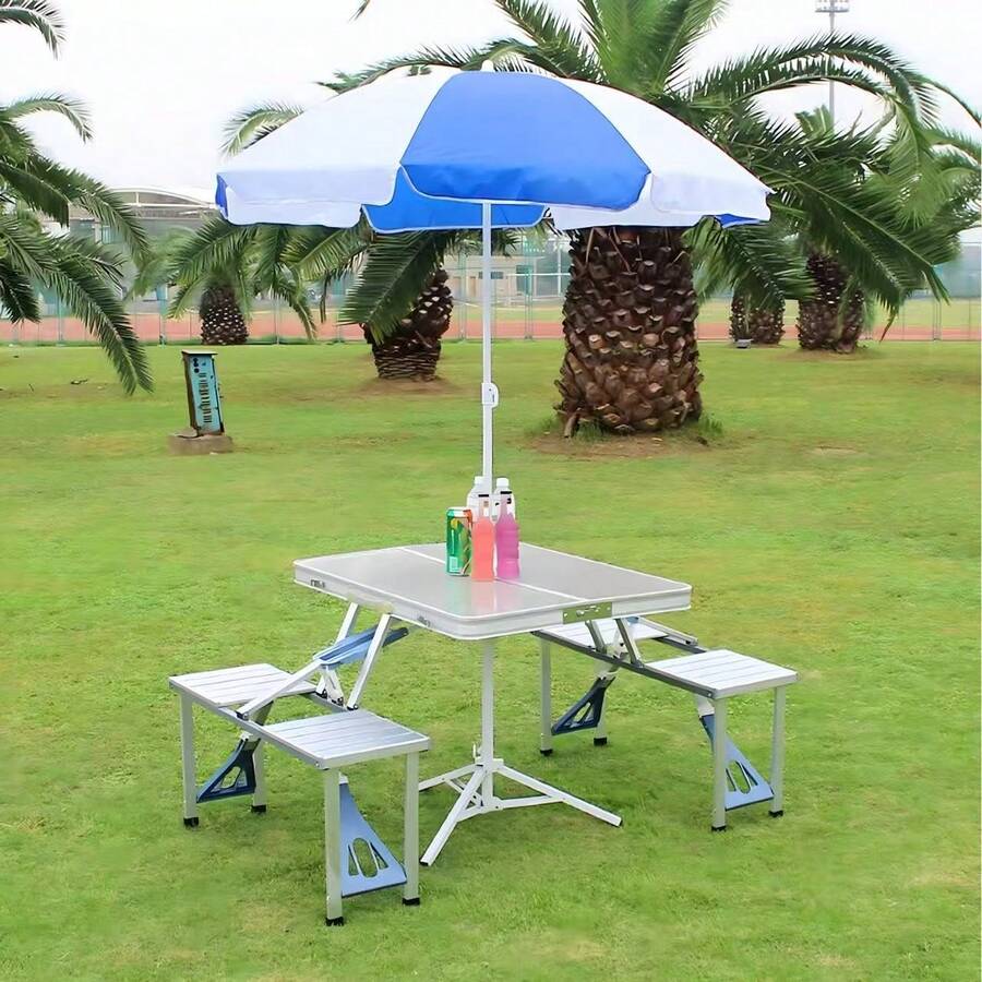 2 Sets Portable Folding Camping Tables , Adjustable Height, Includes Stools, Garden Folding Table, Folding Table With Chairs Inside, Mikomika Folding Table And Chair Set (Camping Table) - Silver - View 1