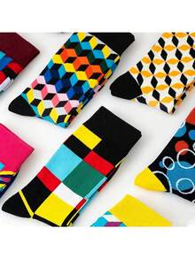 Random/1/5/10 Pairs Colorful Geometric Pattern Mid-Calf Socks, Fun Street Style Breathable Versatile Daily Party Commute Socks, Unisex Fashion Socks Multi-Color Random Mix - Multicolor - View 6
