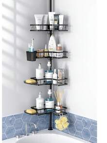 Corner Shower Caddy Tension Pole: 4 Tier Adjustable Rustproof Bathroom Organizer Shelves - Bathtub Shampoo Rack 31-124 Inch - Black - View 8
