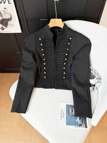 Vintage Military Style Gold Button Short Blazer, Women's Stand Collar Padded Shoulder Elegant Black Short Jacket, Fashionable Evening Outerwear - Black - View 8