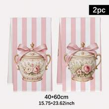 2pcs Striped Afternoon Tea Enamel Jar Pattern Kitchen Towels, Rectangular Microfiber Kitchen Towels, Dishcloths, Scouring Pads, Hand Towels, Cooking Baking Tea Towels, Kitchen Decor, Housewarming Gifts, Birthday Gifts, Bathroom Cleaning Wipes, Decorative Towels - Multicolor - View 2