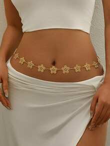 1 pièce Chaîne de taille style bohème avec fleur 3D et strass, couleur or/argent, chaîne de corps élégante, sexy, mode et polyvalente pour femmes, style palais pour fête, bal et tout cadeau de vacances - Doré - Voir 2