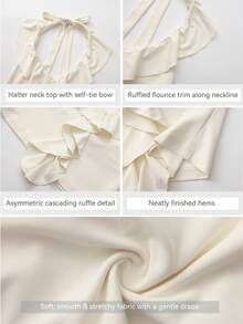 ARA CHIC Women's Cream Ruffle Halter Neck Top, Lace-Up Backless Sleeveless Fitted Cropped Blouse, Date Night Outfit - Light Yellow - View 5