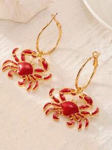 Pendientes con colgante de cangrejo exagerado estilo festivo - Diseño creativo para pendientes inspirados en la playa - Rojo - Ver 2