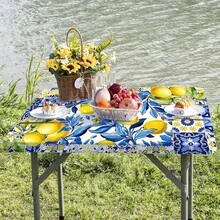1pc Rectangular Lemon Pattern Elastic Washable Tablecloth, Polyester Wrinkle-Resistant Fitted Tablecloth, Fashionable High-End, Suitable For Kitchen Dining, Outdoor Activities, Picnic Camping, Yard Party, Birthday Party, Kitchen Textile - B - View 5