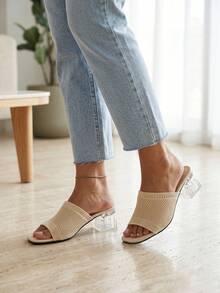 Sandalias de verano casuales y versátiles para uso diario y exterior, de tela de malla transpirable, punta cuadrada, tacón grueso y transparente - Beis - Ver 4