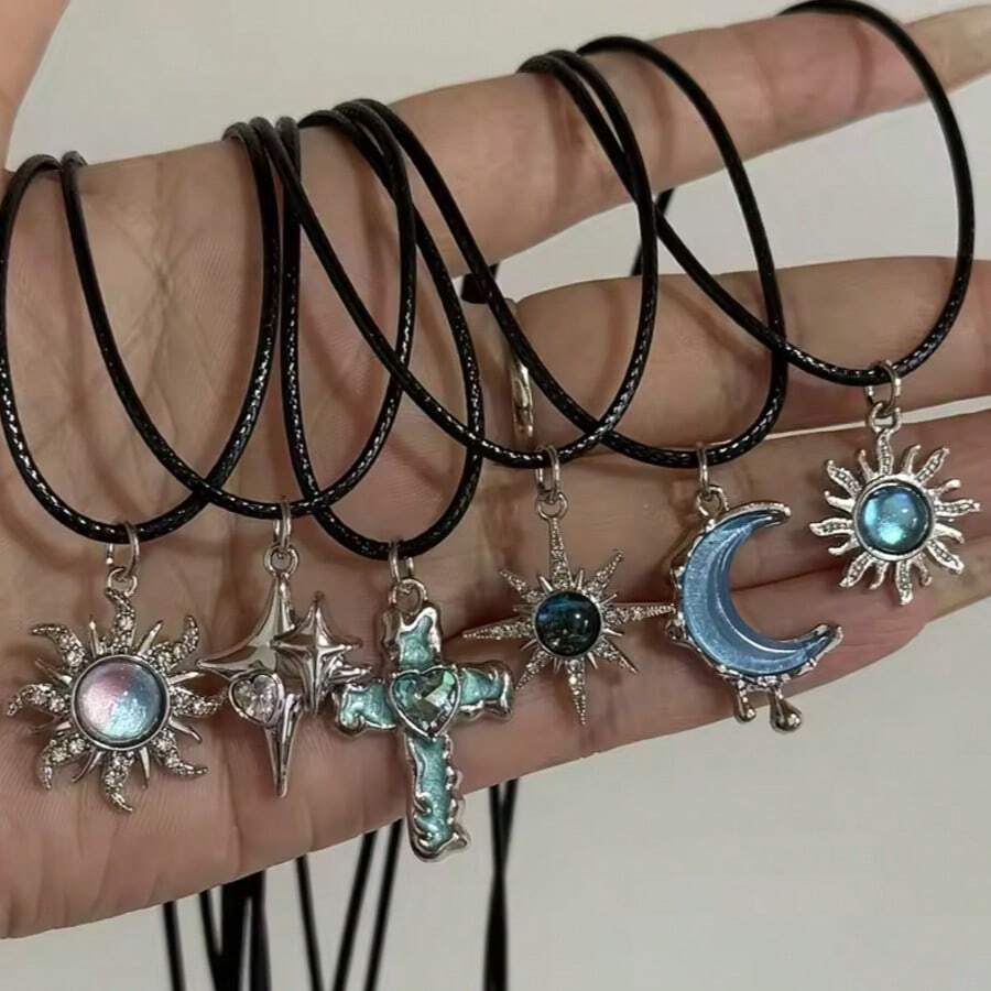 Sun Moon Star Women's Pendant Necklace Black Leather Cord Jewelry - Multicolor - View 1