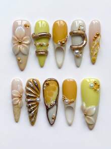 10 PCS Y2K Handmade Long Stiletto Press On Nails, Hollow Cut-Out & Honeycomb Pattern French Tip With Charms, Removable Reusable Nail Supplies Set (Jelly Glue & Nail File Incl.) - Mustard Yellow - View 1