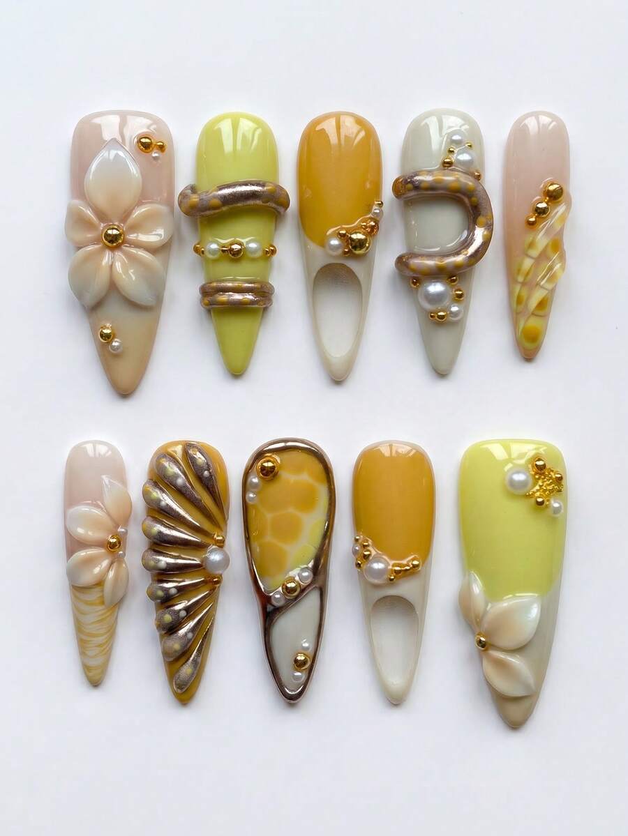 10 PCS Y2K Handmade Long Stiletto Press On Nails, Hollow Cut-Out & Honeycomb Pattern French Tip With Charms, Removable Reusable Nail Supplies Set (Jelly Glue & Nail File Incl.) - Mustard Yellow - View 1
