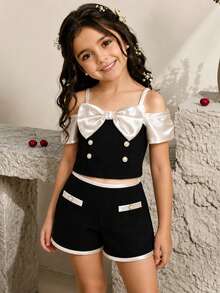2pcs/Set Toddler Girls' Fashionable Elegant Satin Bow Camisole Top And Colorblock Shorts Summer Outfit - Black - View 1