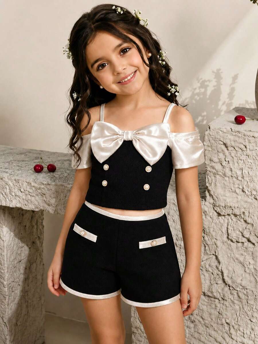 2pcs/Set Toddler Girls' Fashionable Elegant Satin Bow Camisole Top And Colorblock Shorts Summer Outfit - Black - View 1