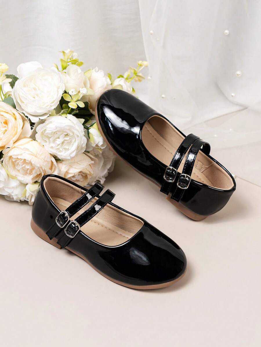 1 Pair Girls' Shiny Black Patent Leather Mary Jane Shoes, Hook And Loop Closure Design, Convenient And Fashionable, Suitable For School Uniform, Wedding And Birthday, Soft And Comfortable, Suitable For All Seasons, Girls' Shoes, Kids' Shoes, Girls' School Shoes - Black - View 1