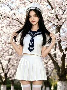 1件裝日系可愛純白三件式水手JK制服，短袖海軍領附領結，可搭配水手帽，適合動漫Cosplay、拍照、社團派對、化裝舞會、情人節約會穿搭 - 白色 - 查看 4
