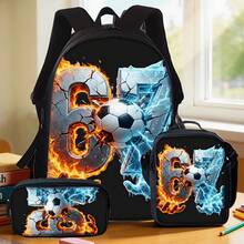 Set di 3 pezzi di zaino: Mano di Fiamma e Mano di Ghiaccio che tengono un pallone da calcio con stampa numero 67 crepato, zaino scolastico stampato con stile, include uno zaino di grande capacità e una pochette. - 3 pezzi - Visualizzare 1