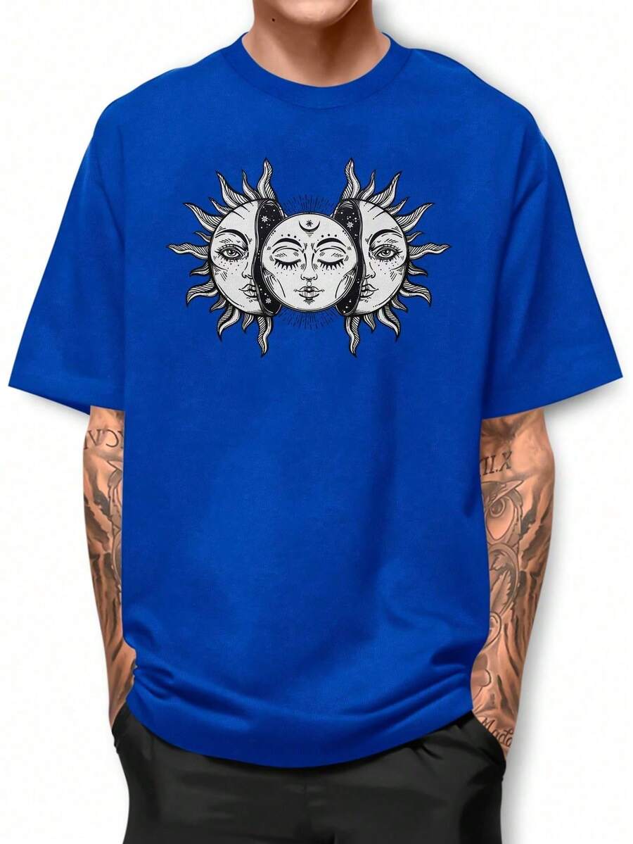 Basic Cotton T-Shirt With Round Neck, Moon And Solar Eclipse Design - Royal Blue - View 1
