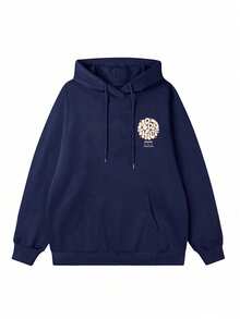 Women's Hooded Sweatshirt, Autumn/Winter New Letter Print, Drawstring Design, With Pockets, Casual Versatile Loose Top, Fashionable Daily Wear - Navy Blue - View 4