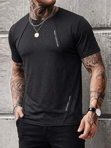 Camiseta deportiva de cuello redondo para hombre, camiseta casual de manga corta para hombre en verano, camiseta de manga corta para entrenamiento de gimnasio y running, adecuada para trabajo al aire libre y ejercicio, top de media manga, ropa deportiva de verano para hombre - Negro - Ver 1