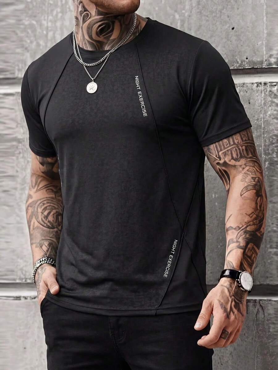 Camiseta deportiva de cuello redondo para hombre, camiseta casual de manga corta para hombre en verano, camiseta de manga corta para entrenamiento de gimnasio y running, adecuada para trabajo al aire libre y ejercicio, top de media manga, ropa deportiva de verano para hombre - Negro - Ver 1
