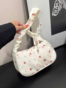 1 buah Tas Bahu Wanita Bahan Nilon Putih dengan Resleting Halus, Motif Cetak Stroberi, Tali Serut, Desain Modis, Serbaguna, Kasual, Musim Panas, Lintas Batas, Tas Bahu Niche Baru, Cocok untuk Penggunaan Sehari-hari Wanita - Putih - View 6