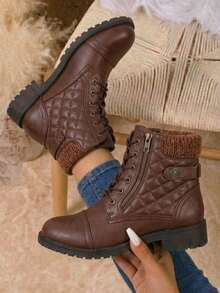 Women's Lace Up Combat Ankle Boots – Comfortable Short Booties With Low Heel - CJY927-干邑白蘭地 - 查看 1